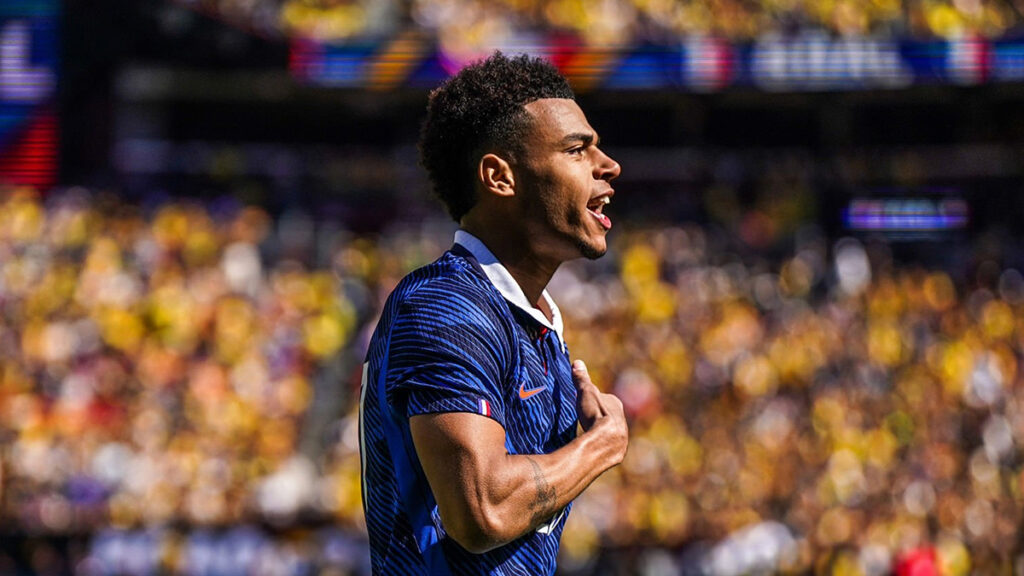 Désiré Doué célèbre son premier but en équipe de France face à la Colombie à Washington le 29 mars 2026